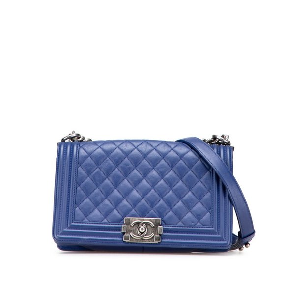 CHANEL Boy Chanel Coco Mark Chain Shoulder Bag Handbag Blue Lambskin Women's - Picture 1 of 10